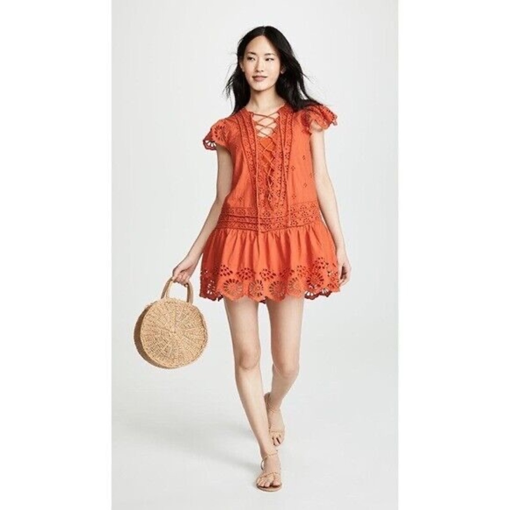 Free People Esperanza Eyelet Orange Ruffled Floral Lace Mini Dress Size XS